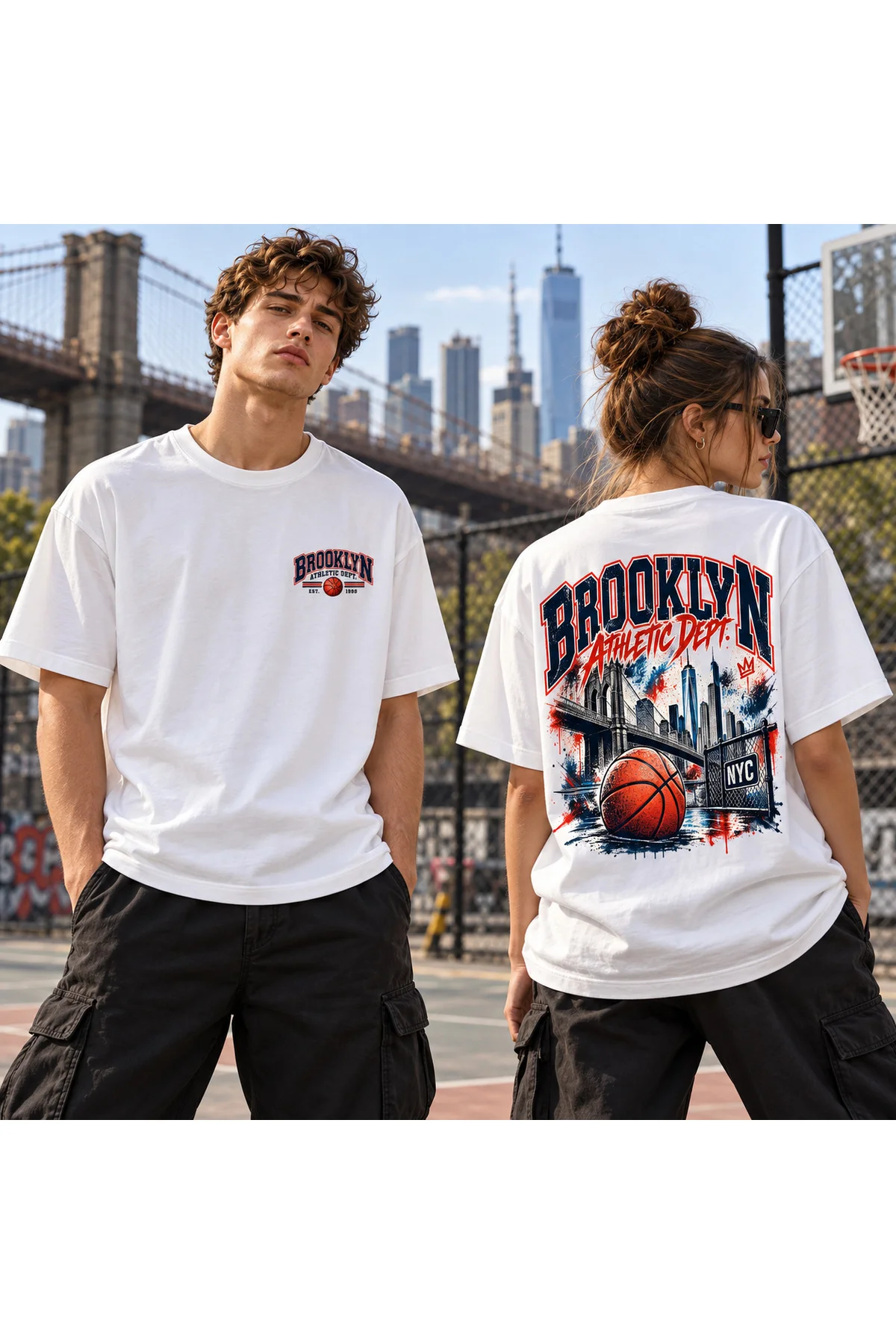 Brooklyn Basketbol Ön Arka Baskılı Oversize Unisex T-Shirt – Vintage Streetwear
