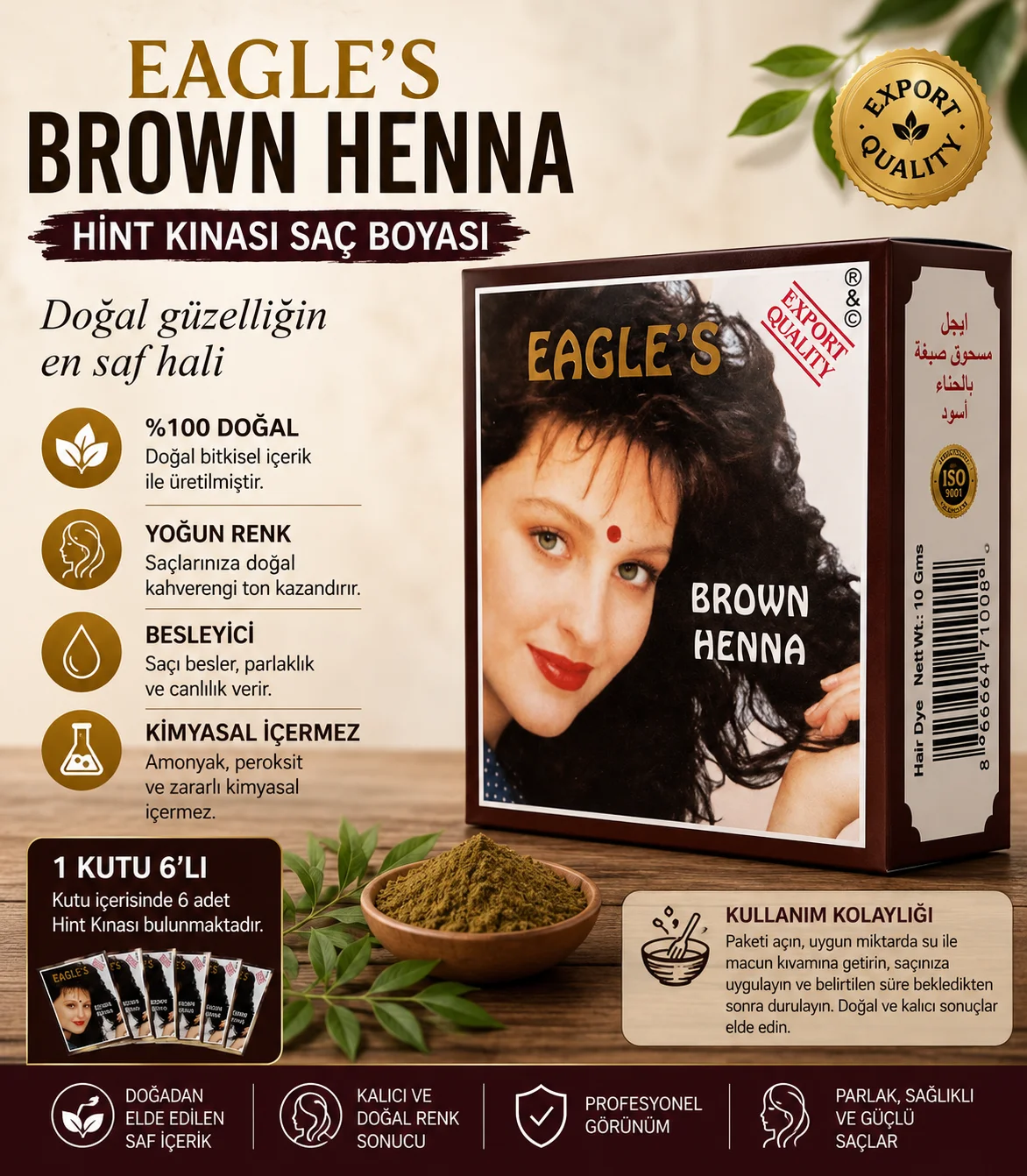 Brown Henna Hint Kınası Saç Boyası - 6'lı Kutu Doğal Kahverengi Saç Boyası