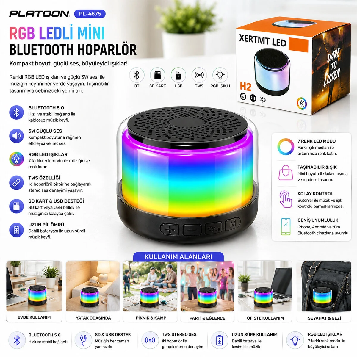 Bt - Sd - Usb Şarjlı Rgb Işıklı Bluetooth Wireless Speaker Hoparlör 3W PL-4675 Fiyatı, Yorumları ve Özellikleri
