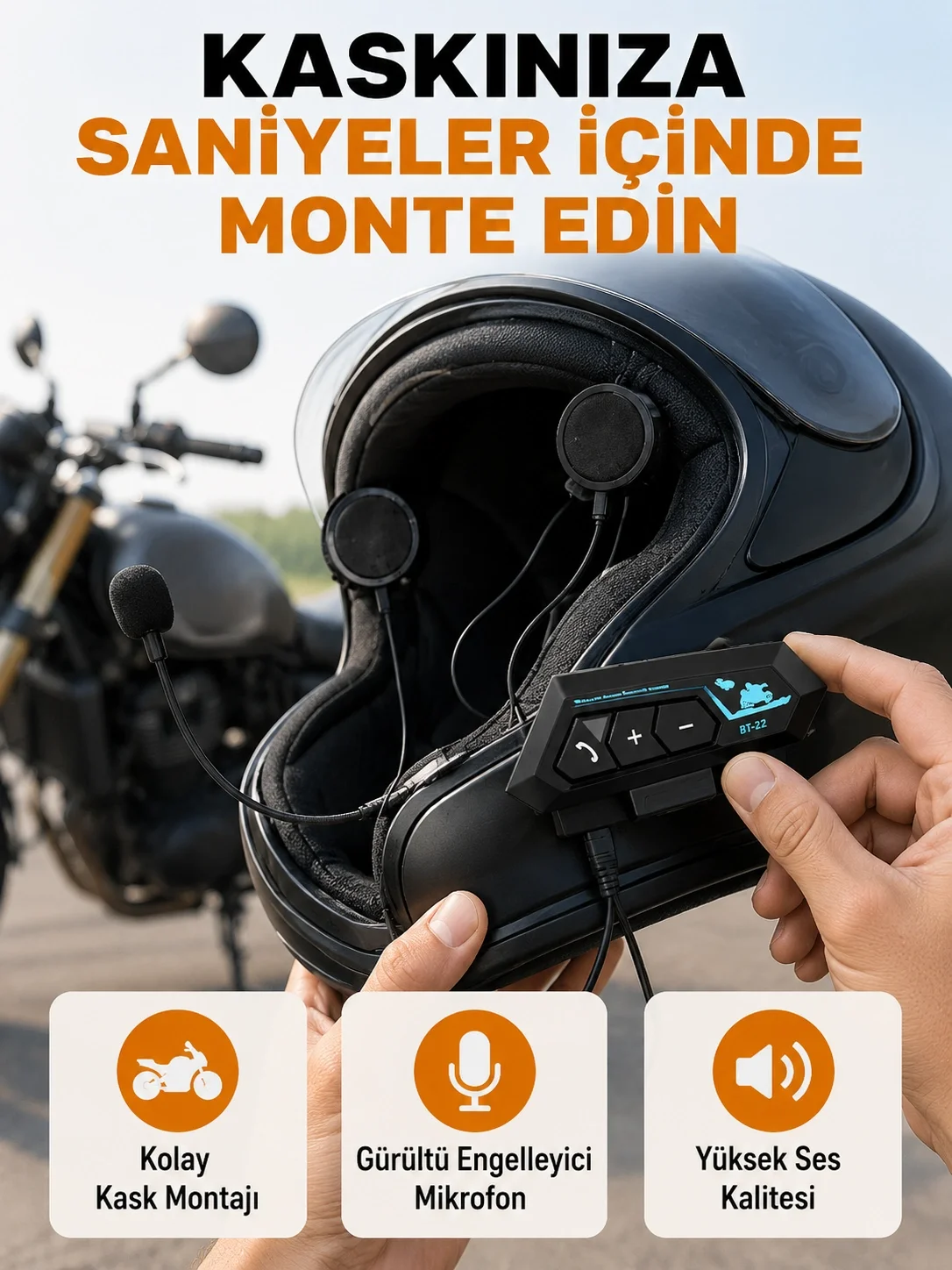 BT22 Kask İçi Bluetooth Kulaklık Hızlı Eşleşme ve Gürültü Önleyici Mikrofon Yeni Nesil