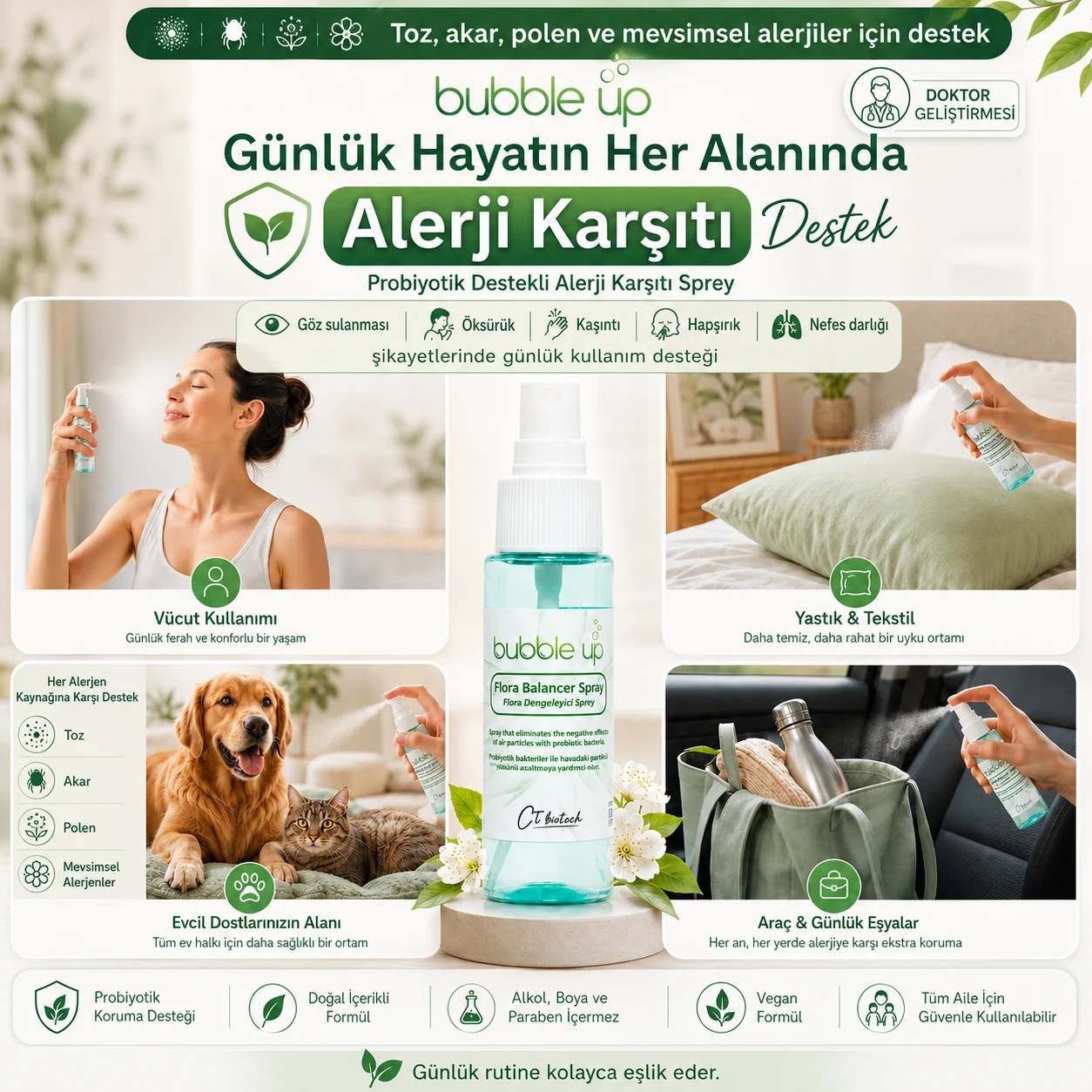 Bubble Up Probiyotikli Kedi Köpek Yatak Minder Kafes Spreyi 50 ml - Evcil Hayvan Alerji Karşıtı Bakım
