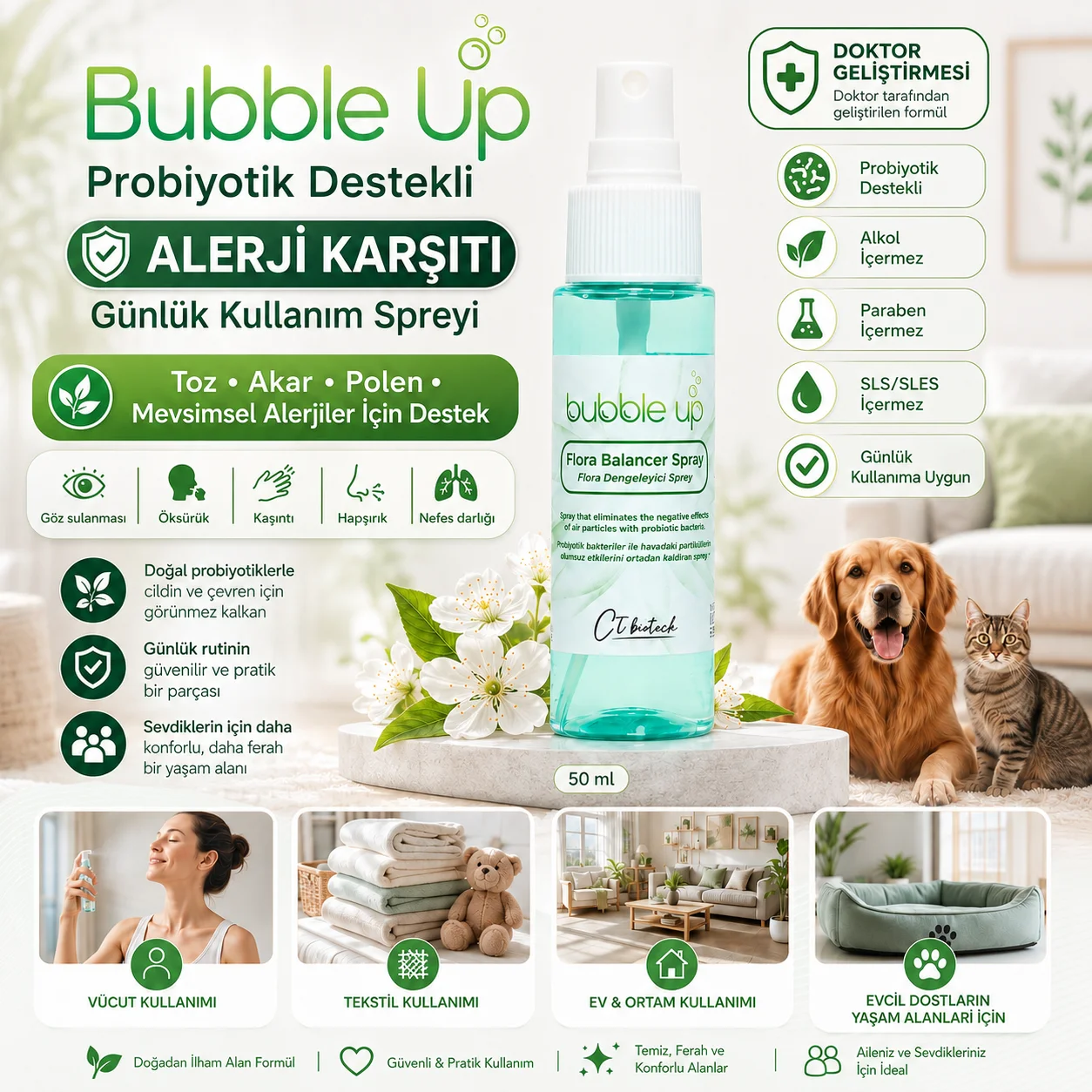 Bubble Up Probiyotikli Kedi Köpek Yatak Minder Kafes Spreyi 50 ml - Evcil Hayvan Alerji Karşıtı Bakım