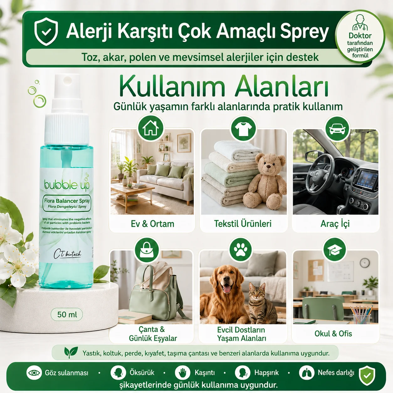 Bubble Up Probiyotikli Kedi Köpek Yatak Minder Kafes Spreyi 50 ml - Evcil Hayvan Alerji Karşıtı Bakım