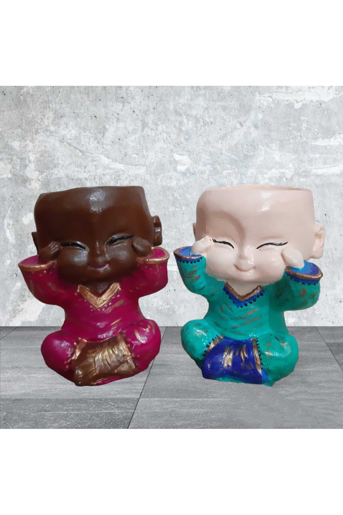 Dodemert Home Buddha Gülen Bebekler Beton Saksı & Mumluk ( Dekoratif) 2 Li