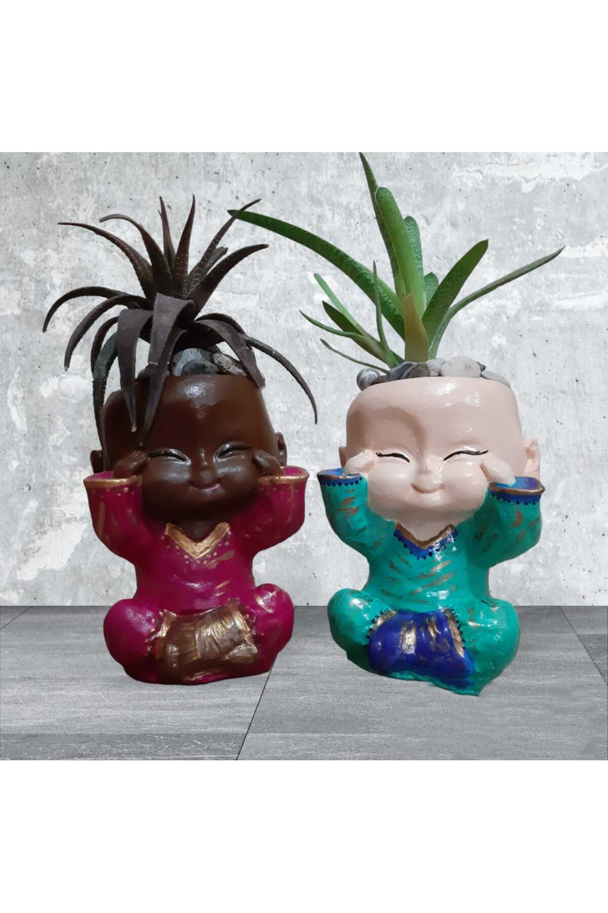 Dodemert Home Buddha Gülen Bebekler Beton Saksı & Mumluk ( Dekoratif) 2 Li