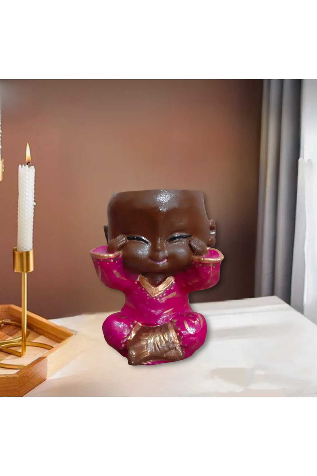Dodemert Home Buddha Mürdüm Gülen Bebek Beton Saksı & Mumluk ( Dekoratif)