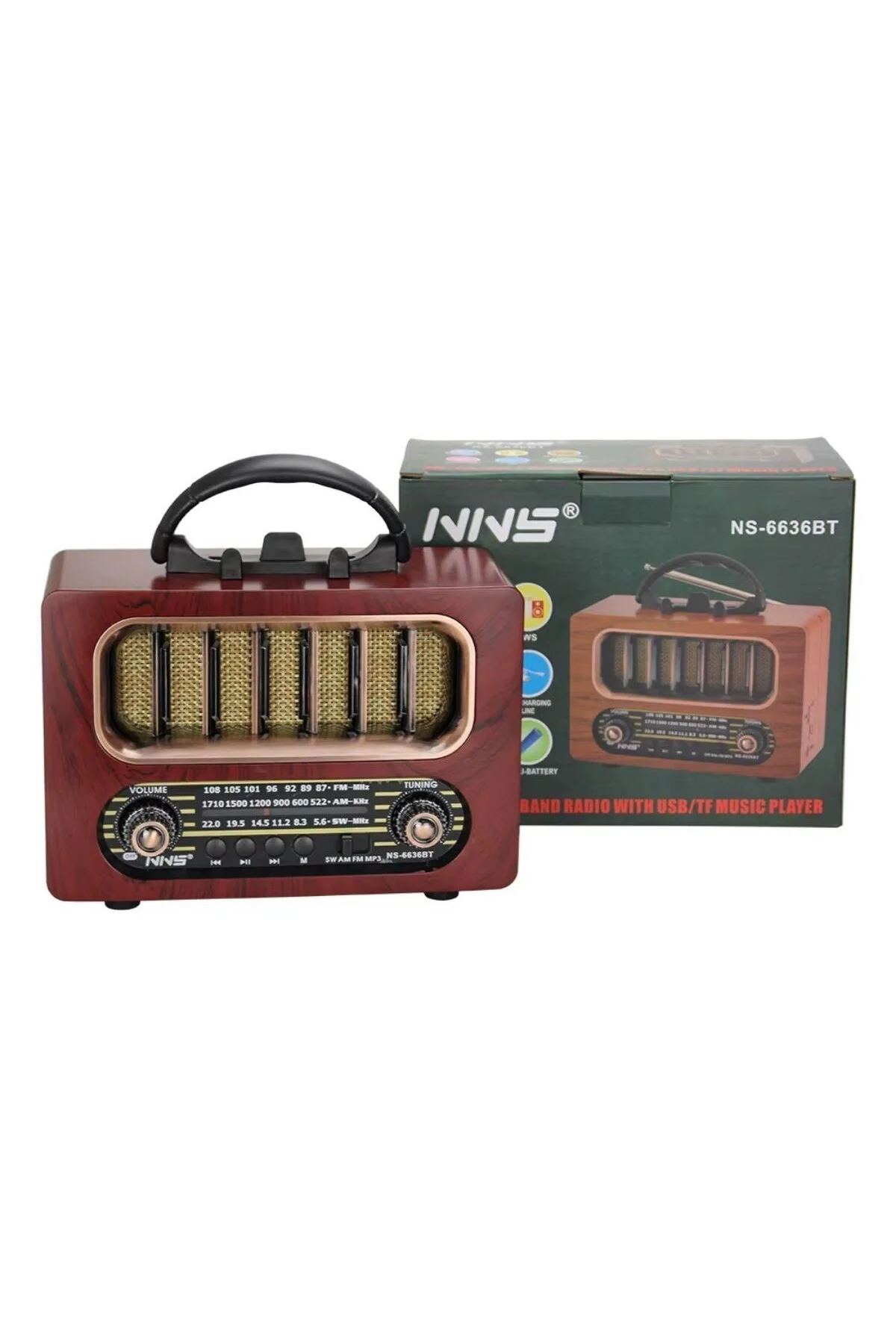 BUFFER® Orta Boy Retro Ahşap Tasarım Bluetooth Hoparlörlü Radyo –