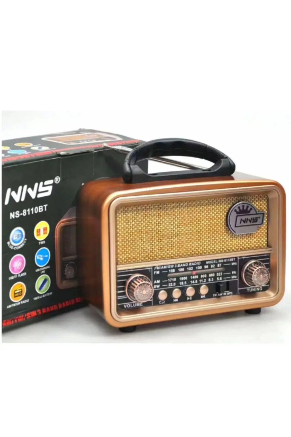 BUFFER® Orta  Boy Retro, Nostaljik, Ahşap Tasarım Bluetooth Hopar