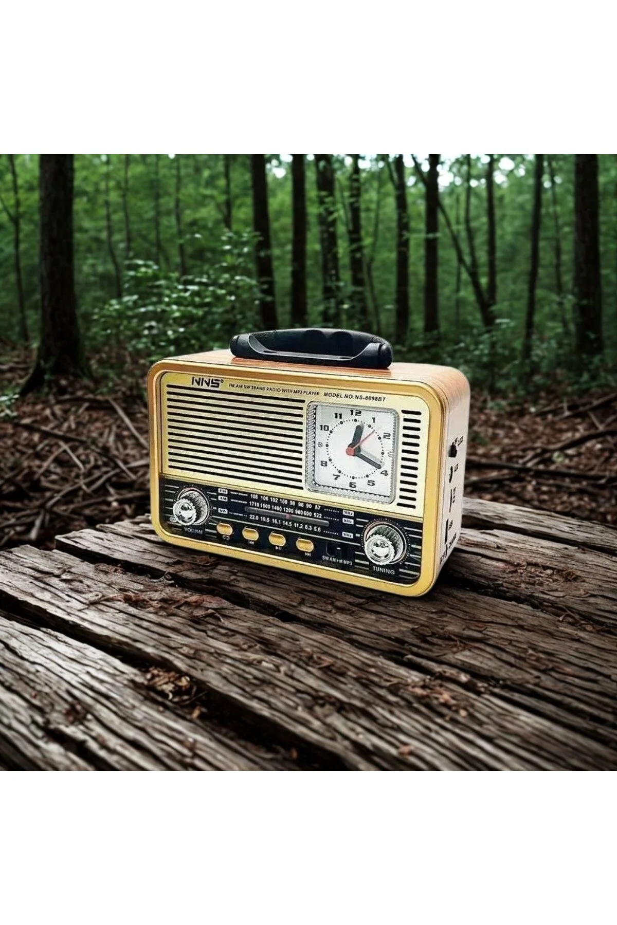 BUFFER® Orta Boy Saat Göstergeli Retro Ahşap Tasarım Bluetooth Ho