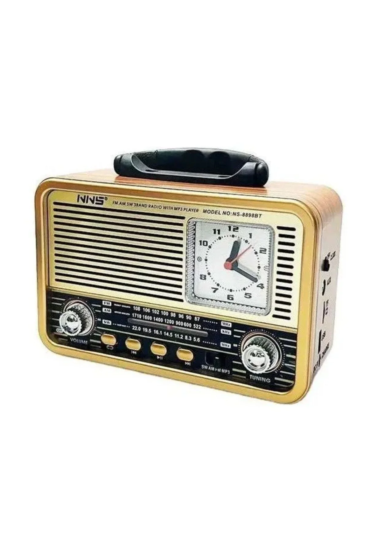 BUFFER® Orta Boy Saat Göstergeli Retro Ahşap Tasarım Bluetooth Ho