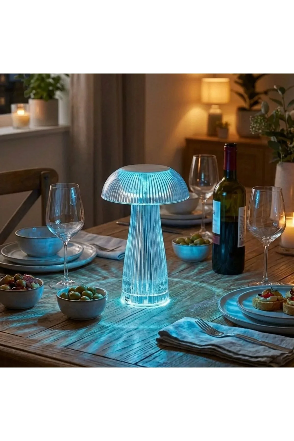 BUFFER® Şeffaf Mantar Model LED Masa Lambası –Kumandalı Şarjlı, Dokunmatik, Rengarek Işık Modlu Dekoratif Gece Lambası - Görsel 2