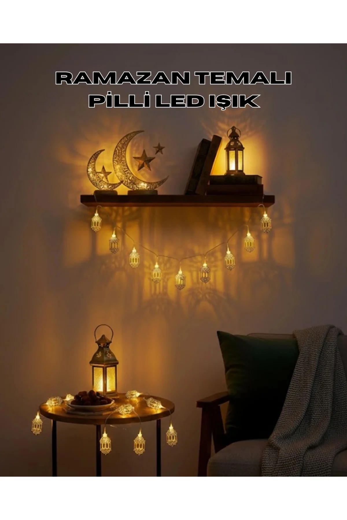 Buğz Altın Fener Detaylı Pilli Ramazan Led Işık Ev Dekorasyonu