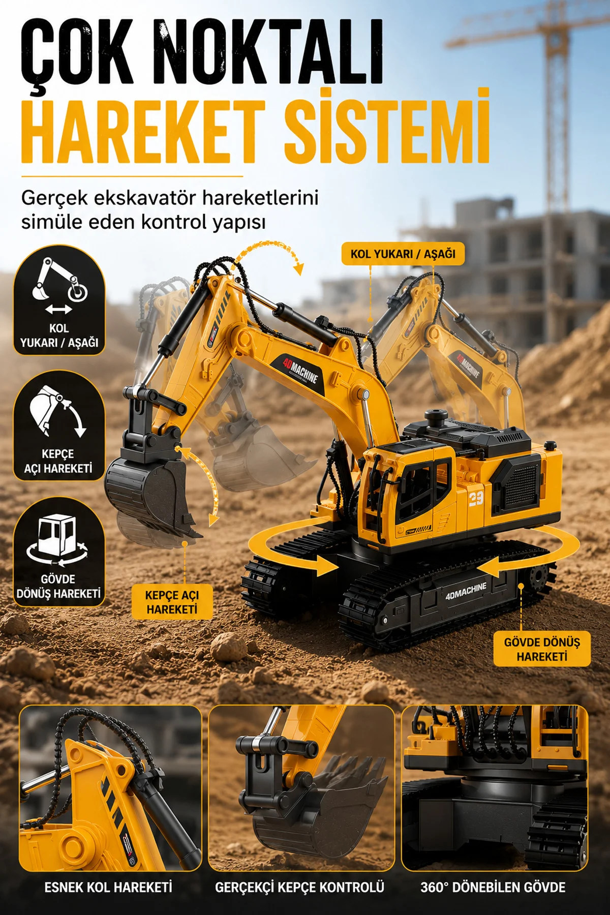 Buharlı Işıklı Sesli Metal Alaşım Excavator Uzaktan Kumandalı RC 