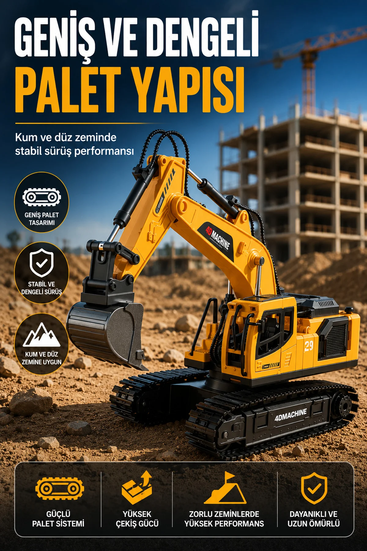 Buharlı Işıklı Sesli Metal Alaşım Excavator Uzaktan Kumandalı RC 