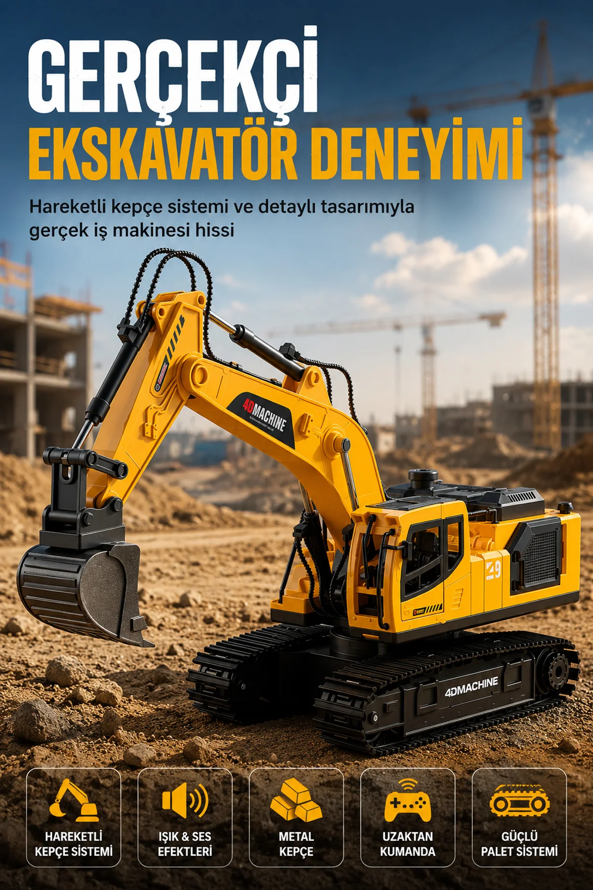 Buharlı Işıklı Sesli Metal Alaşım Excavator Uzaktan Kumandalı RC 