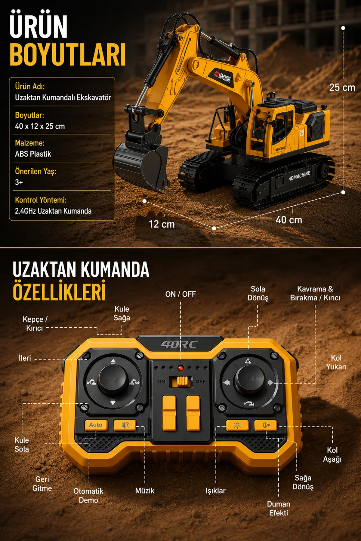 Buharlı Işıklı Sesli Metal Alaşım Excavator Uzaktan Kumandalı RC 