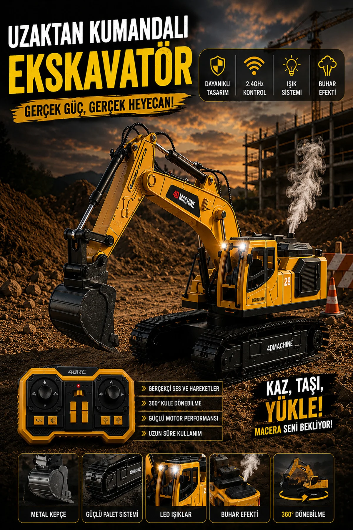 Buharlı Işıklı Sesli Metal Alaşım Excavator Uzaktan Kumandalı RC 