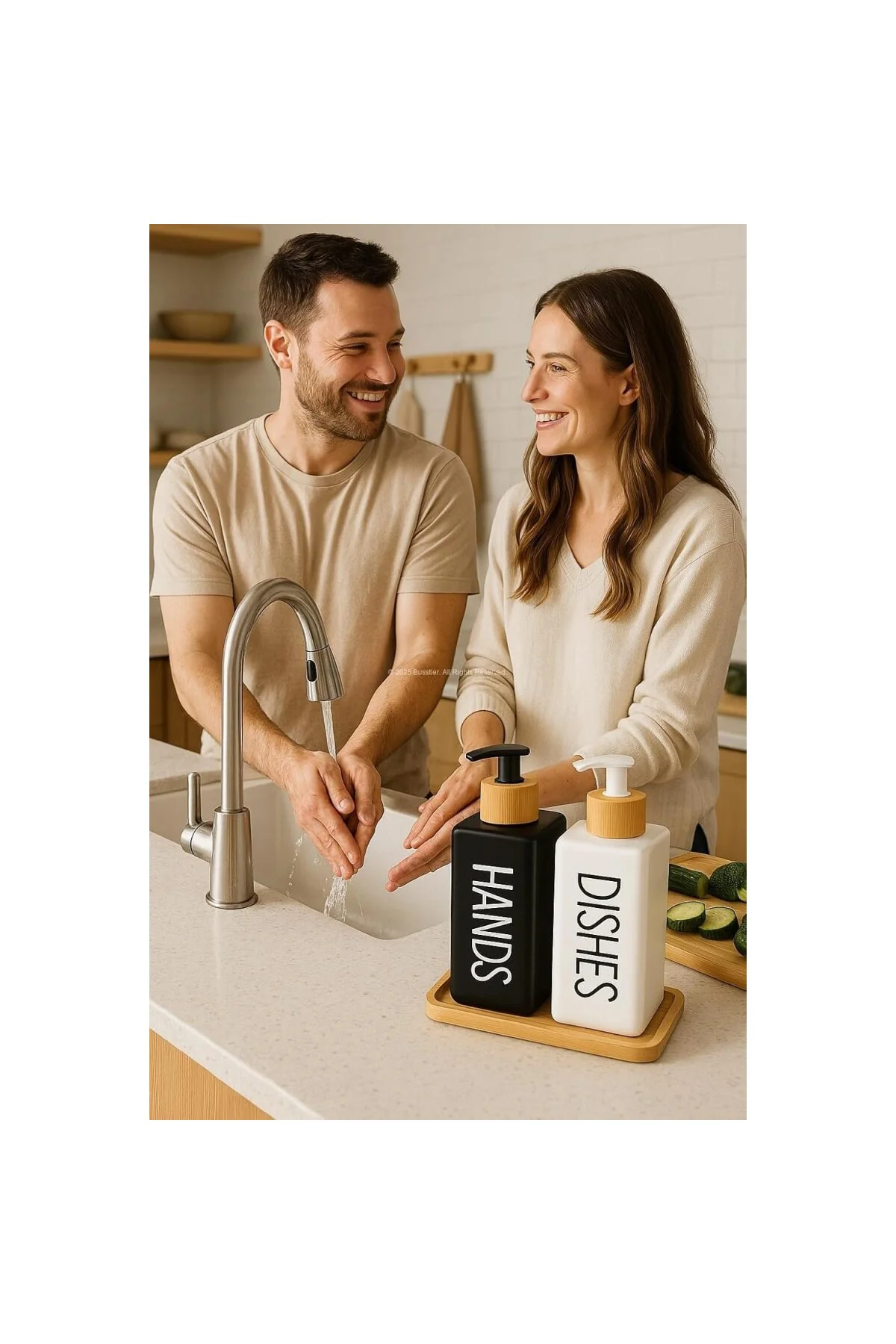 Bulaşık Deterjanlık ve Sabunluk Seti Bambu Tepsili Şık İkili Set Siyah Beyaz Modern