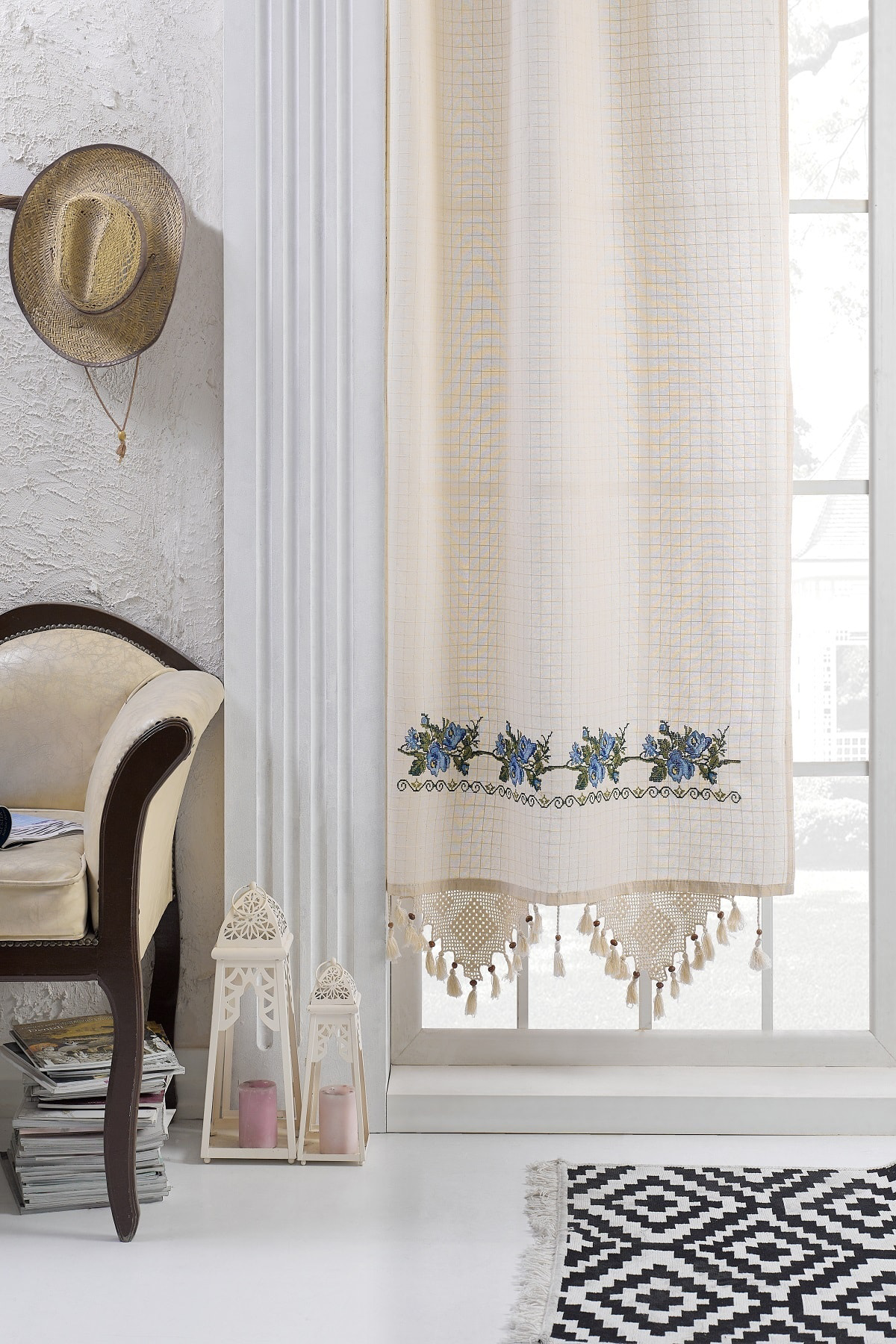 Buldan Concept Buldan İşi Kaneviçeli Perde Mavi Nakış 160X220 Cm