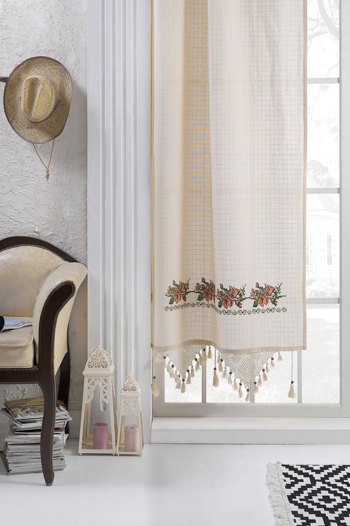 Buldan Işi Kaneviçeli Perde Kırmızı Nakışlı