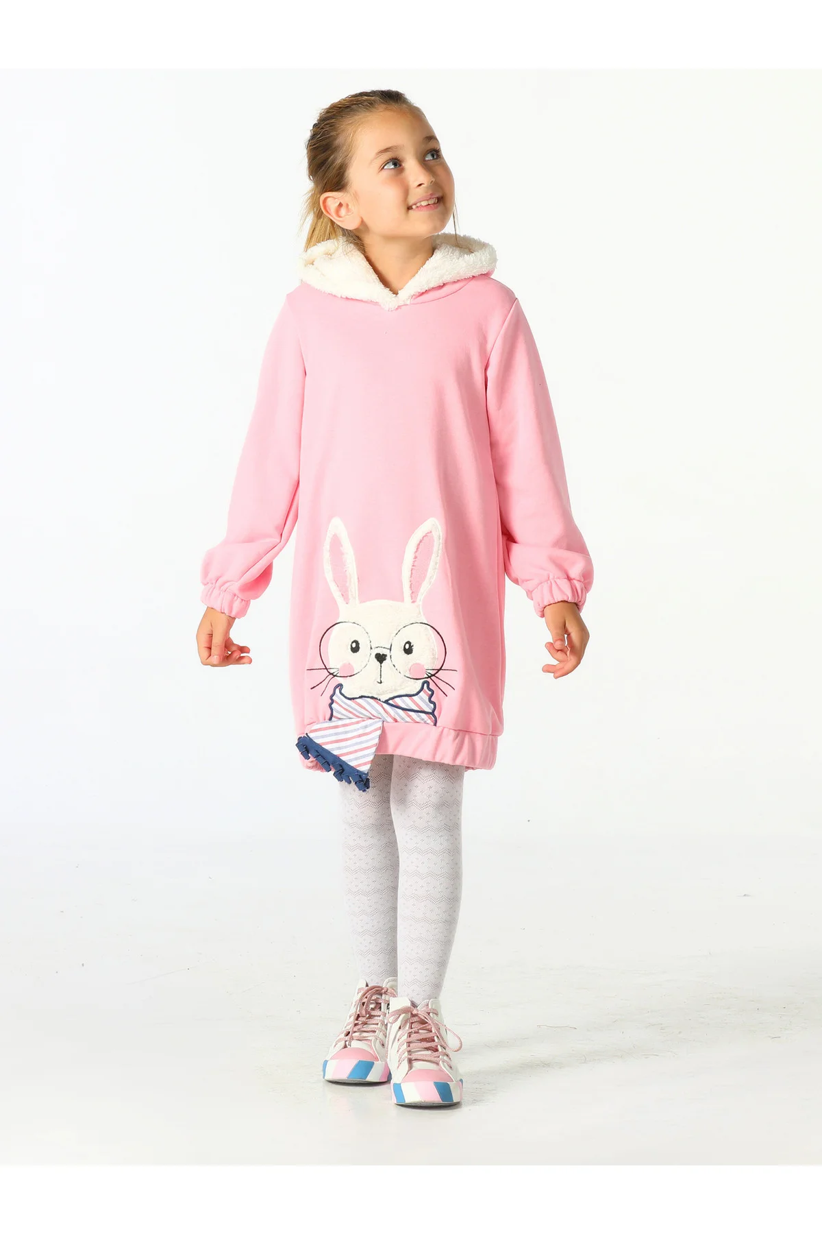Bunny Soft Kapişonlu Pembe Kız Çocuk Elbise