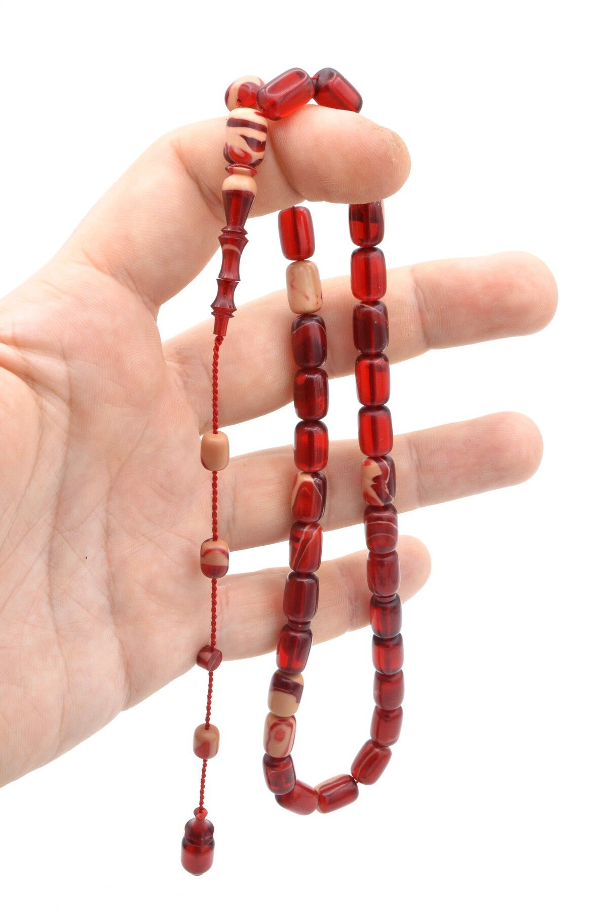 Murty99 Bünyamin Barlak İmzalı Kapsül Kesim Kırmızı Beyaz Sıkma Kehribar Tesbih