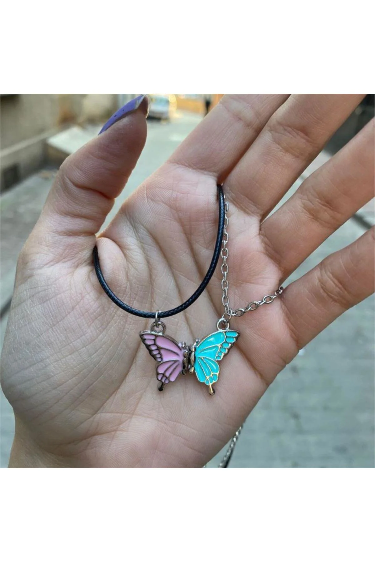 Butterfly Mıknatıslı Mavi - Pembe Çift Kolye
