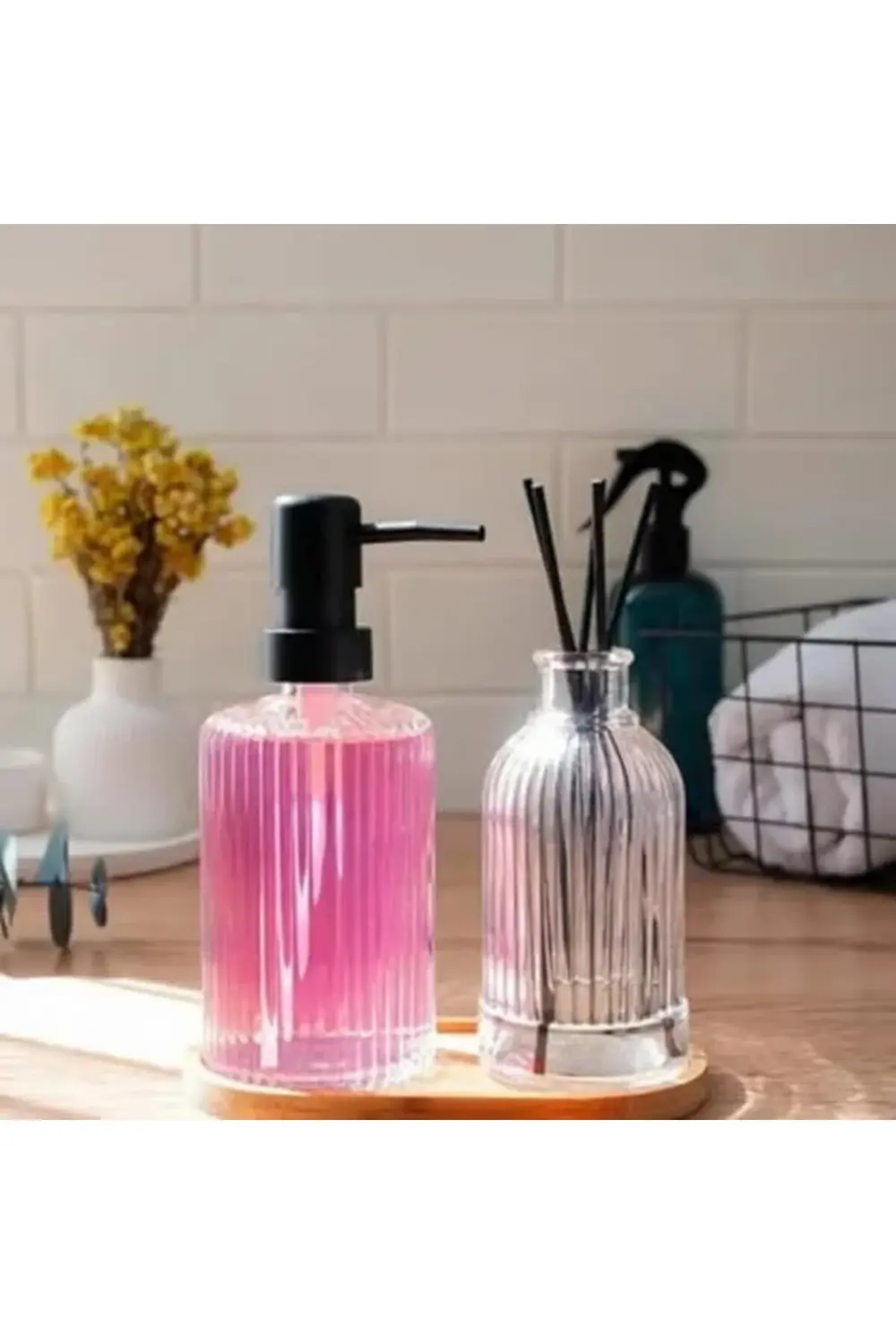 buydash Cam Sabunluk & Difüzör Seti – 2’li Zarif Cam Şişe, Bambu