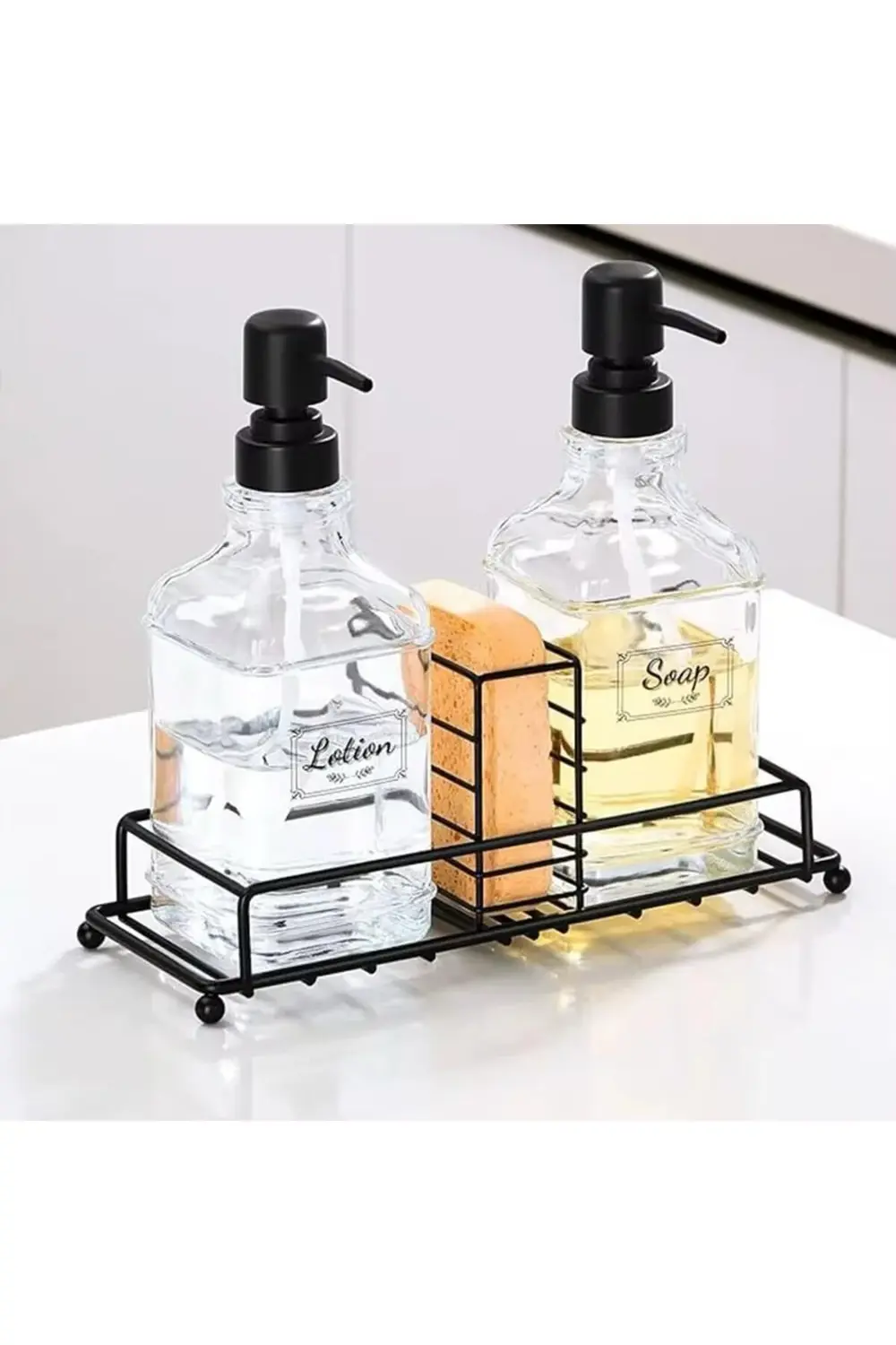 buyflair 2’li Metal Cam Sıvı Sabunluk ve Losyonluk Seti – Süngerl