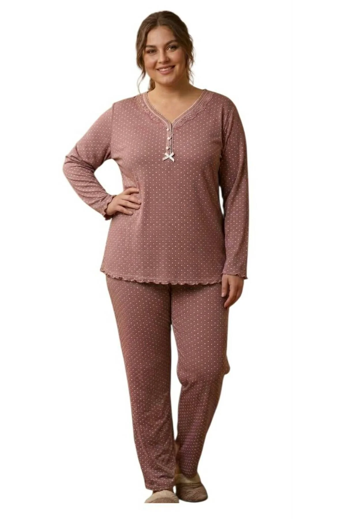 Büyük Beden % 100 Pamuk Uzun Kol Kadın Pijama Takımı Pudra - Görsel 2