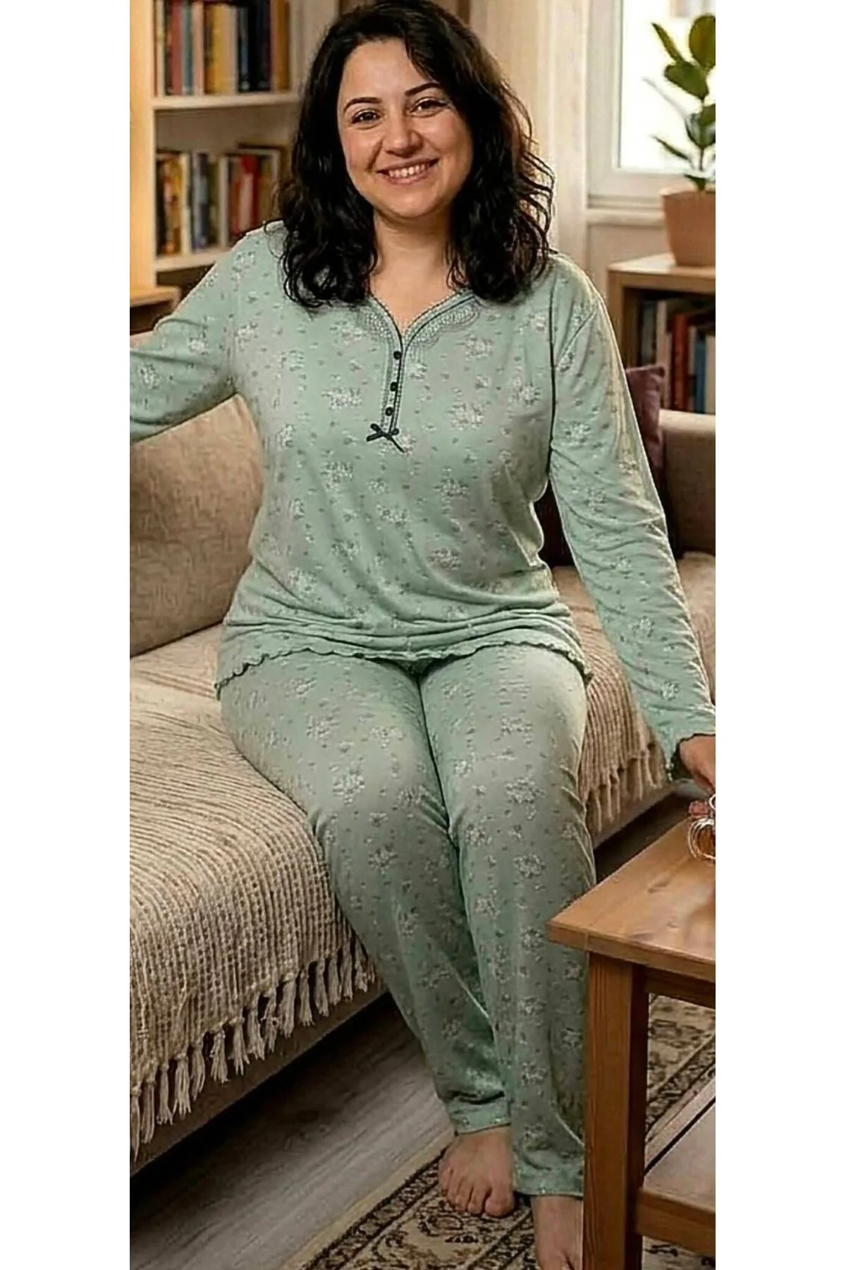 Büyük Beden % 100 Pamuk Uzun Kol Kadın Pijama Takımı Yeşil - Görsel 2