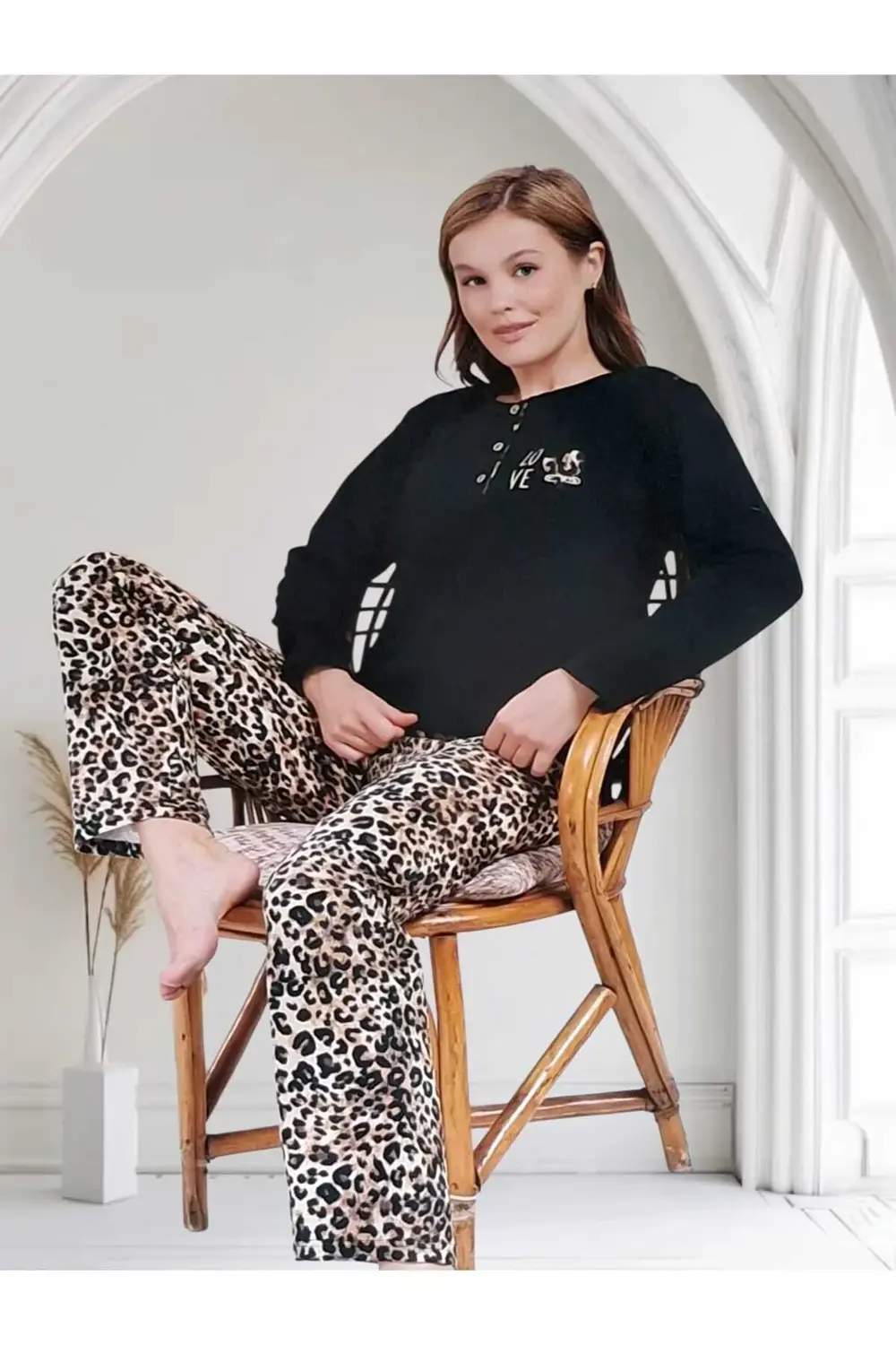 Büyük Beden % 100 Pamuk Uzun Kol Kadın Pijama Takımı LEOPAR