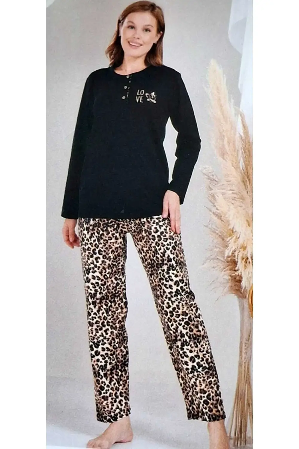 Büyük Beden % 100 Pamuk Uzun Kol Kadın Pijama Takımı LEOPAR