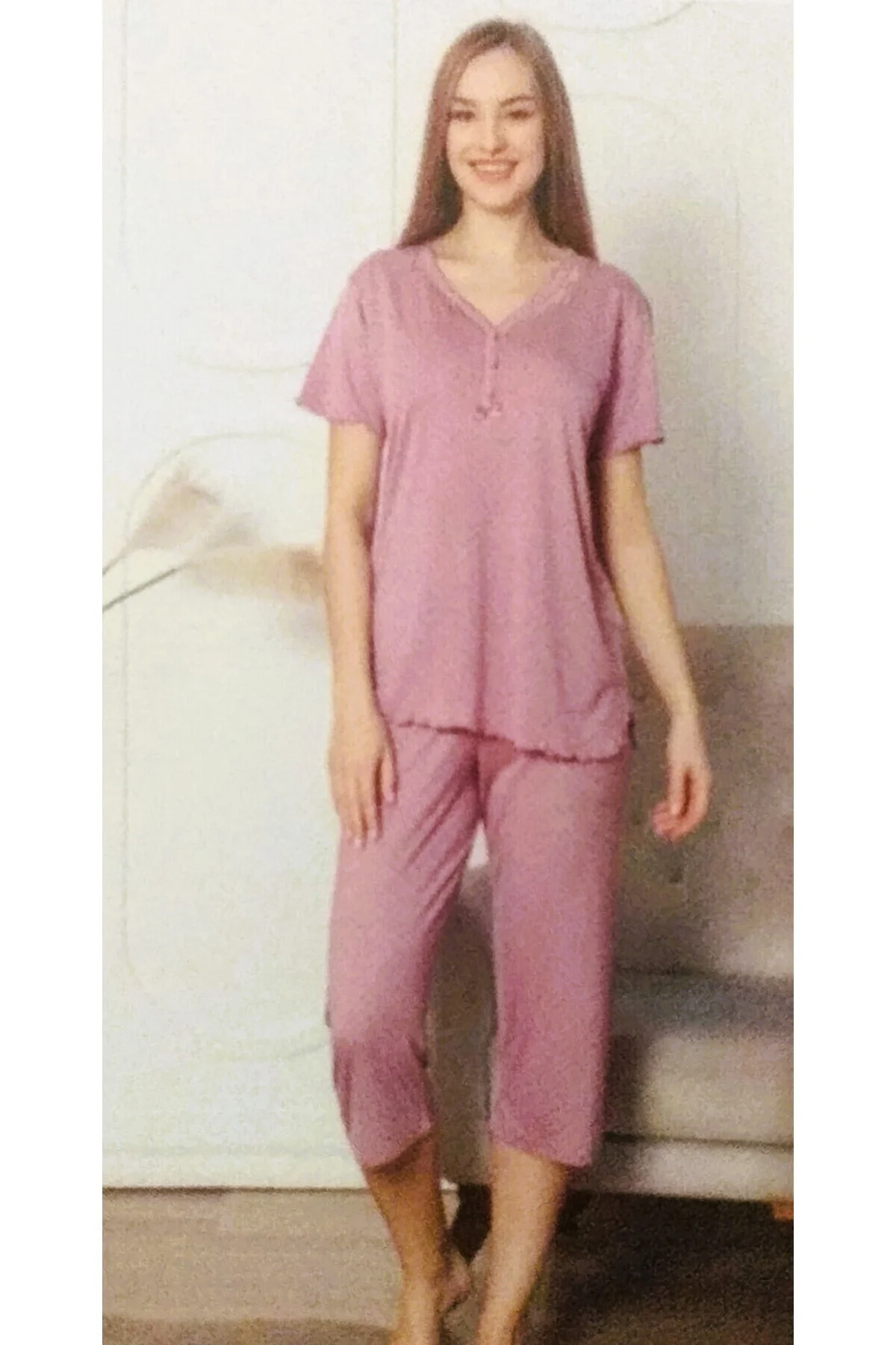 Büyük Beden Bambu Kadın Kapri Pijama Takımı Mürdüm
