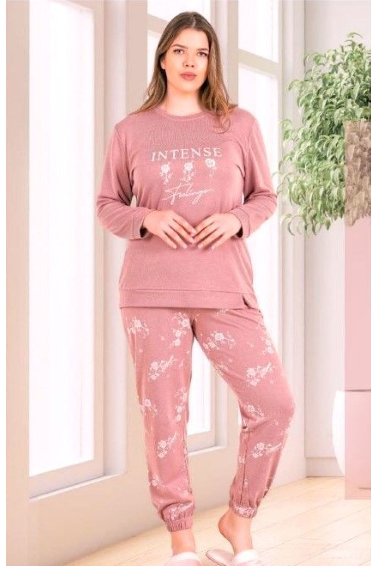 BÜYÜK BEDEN BATTAL KIŞLIK UZUN KOL PİJAMA TAKIMI PEMBE