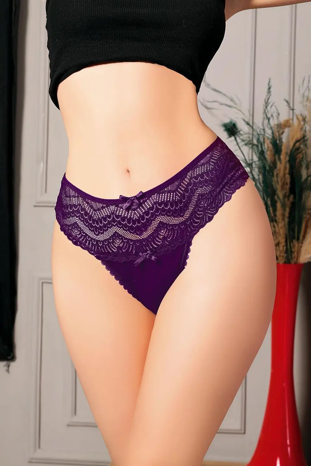 Pilelistore Büyük Beden Bel Kısmı Dantelli Fantezi Mor Tanga String