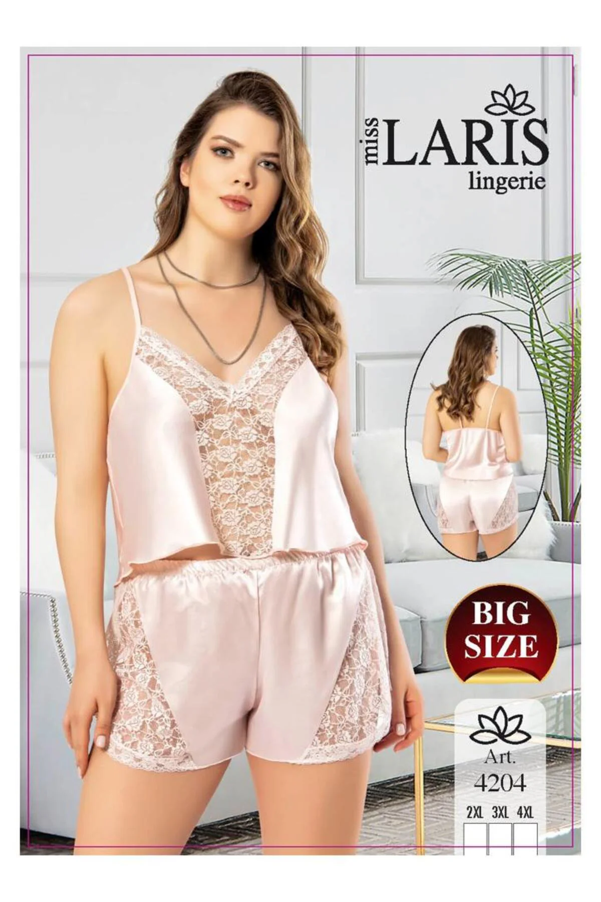 BÜYÜK BEDEN DANTEL İŞLEMELİ SATEN ŞORT TAKIM 4204