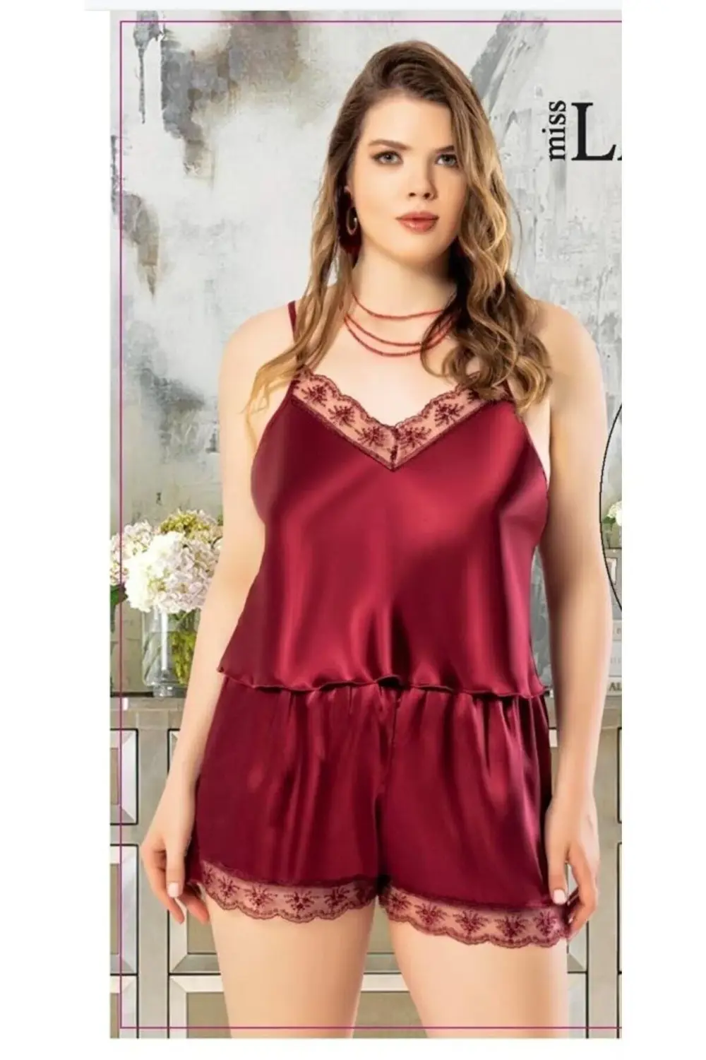 BÜYÜK BEDEN DANTEL İŞLEMELİ SATEN ŞORT TAKIM 4200