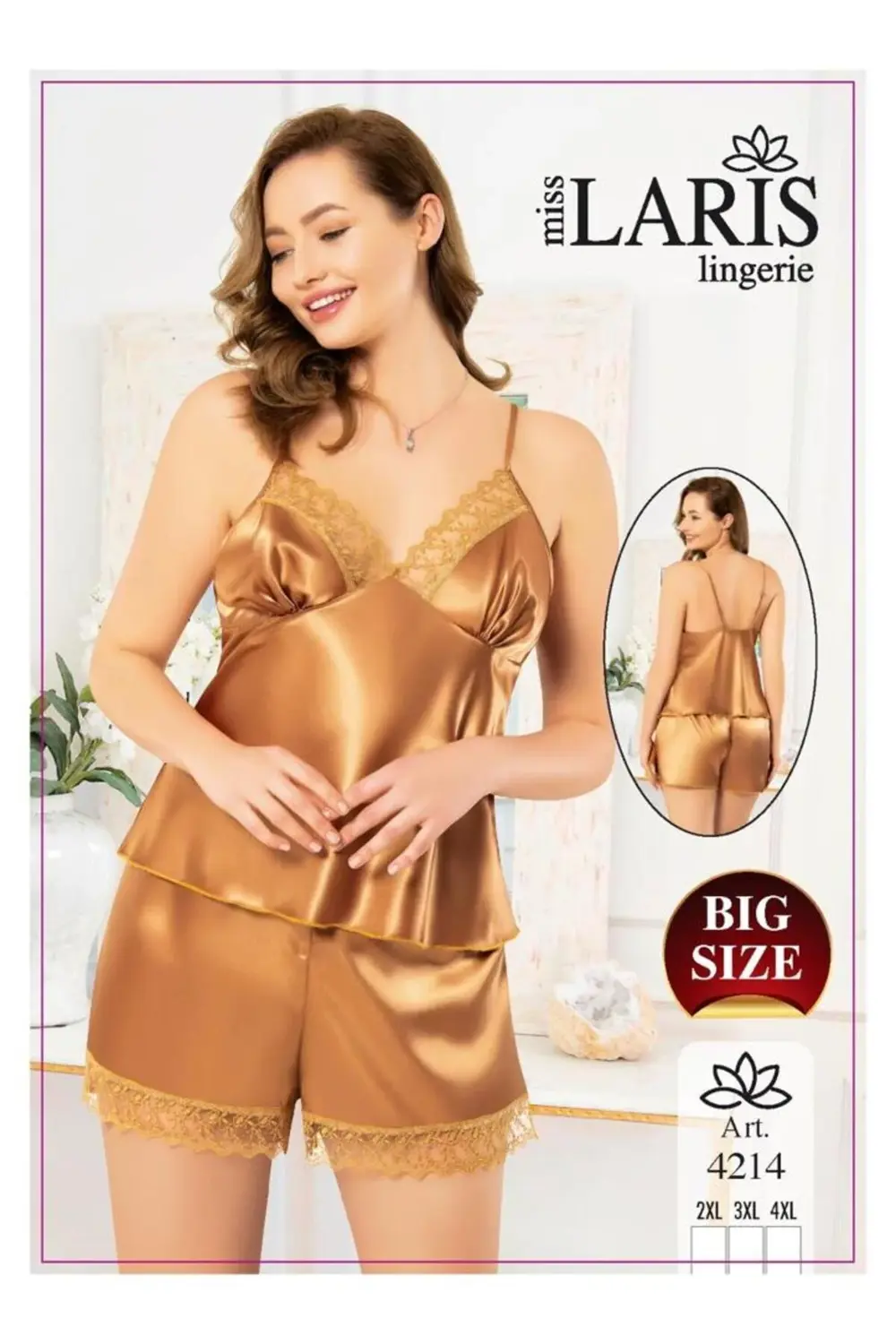 BÜYÜK BEDEN DANTEL İŞLEMELİ SATEN ŞORT TAKIM 4214