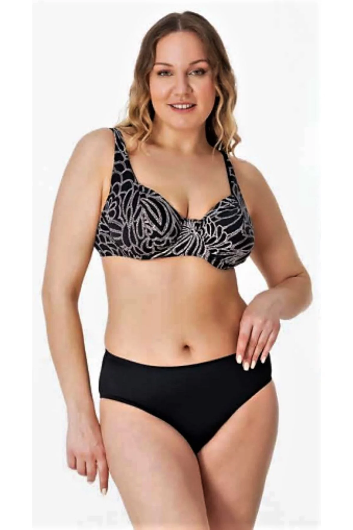 Büyük Beden Desenli Toparlayıcı Bikini Siyah 50-52-54-56 Beden