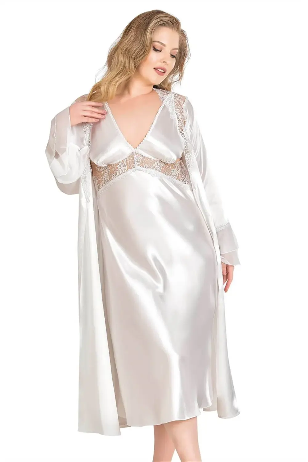 Büyük Beden Ekru Uzun İkili Saten Sabahlık Gecelik Takımı