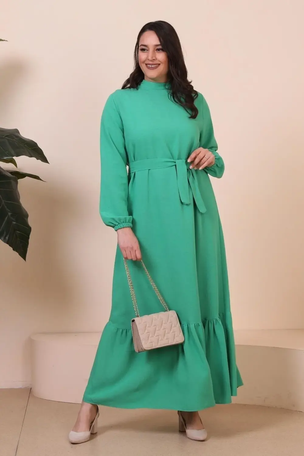 Buyuk Beden Elbise Uzun Kollu Kadin Tesettur Elbise Piliseli