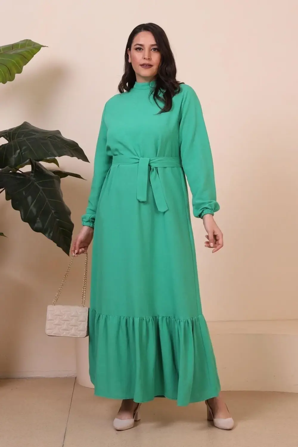 Buyuk Beden Elbise Uzun Kollu Kadin Tesettur Elbise Piliseli