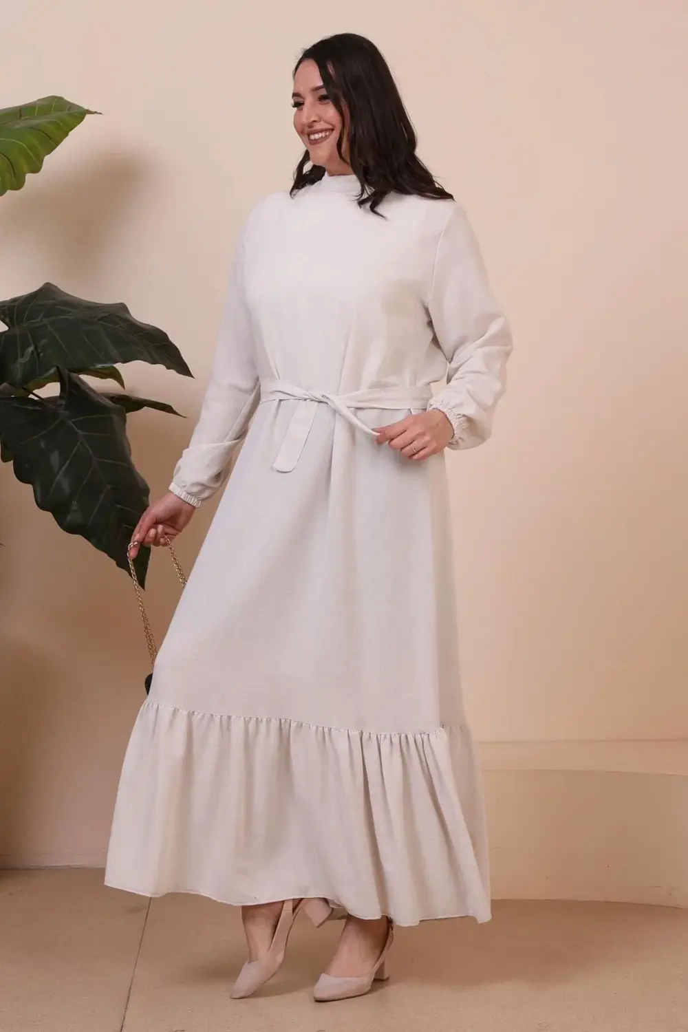 Buyuk Beden Elbise Uzun Kollu Kadin Tesettur Elbise Piliseli