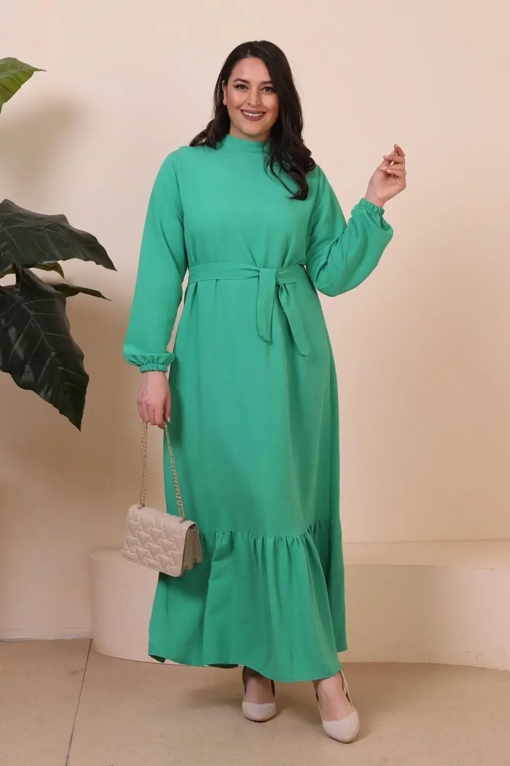 Buyuk Beden Elbise Uzun Kollu Kadin Tesettur Elbise Piliseli