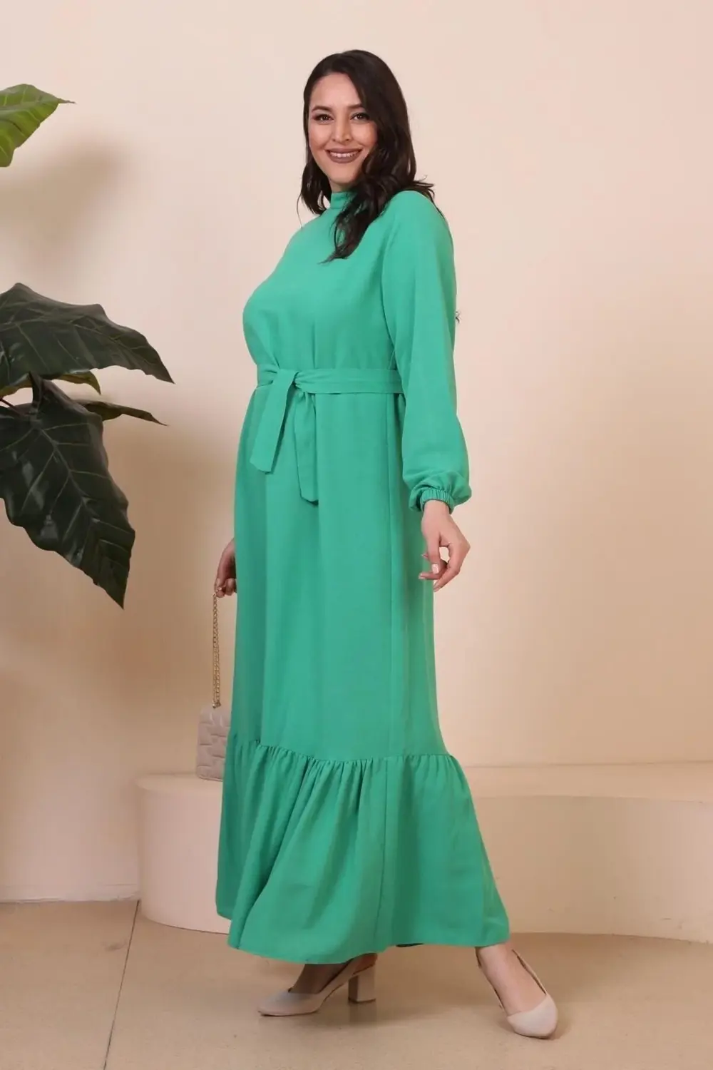 Buyuk Beden Elbise Uzun Kollu Kadin Tesettur Elbise Piliseli