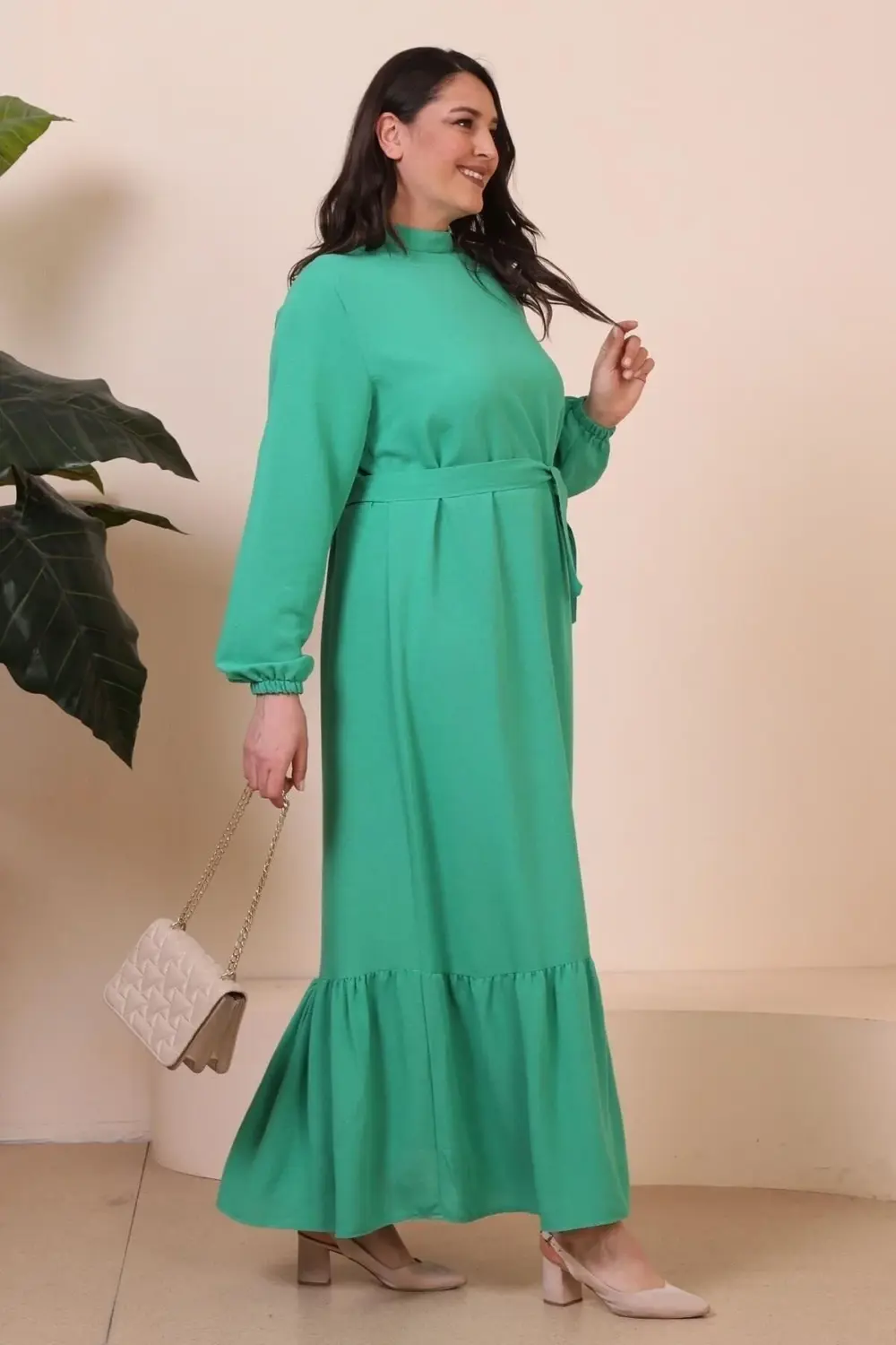 Buyuk Beden Elbise Uzun Kollu Kadin Tesettur Elbise Piliseli