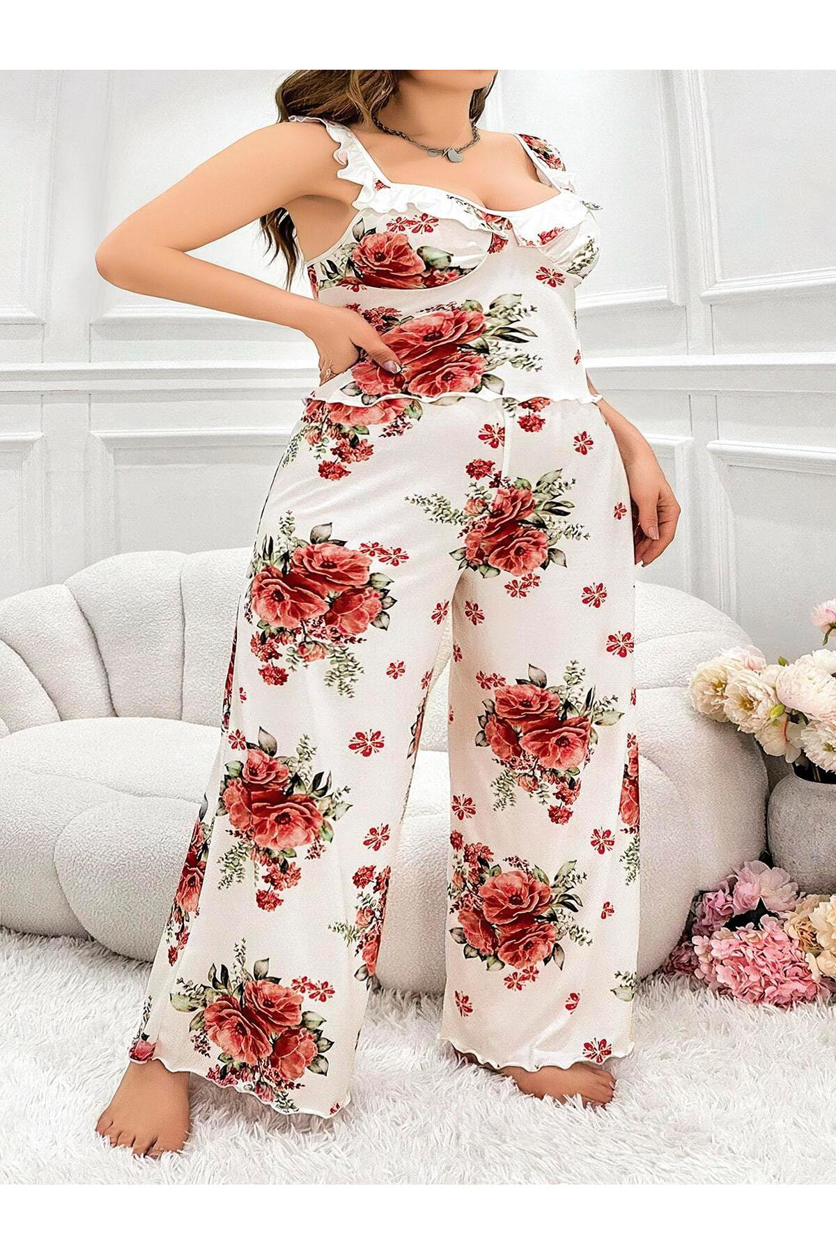 Aria's Closet Büyük Beden Gül Desenli İnce Askili Beyaz Salaş 2'Li Takim