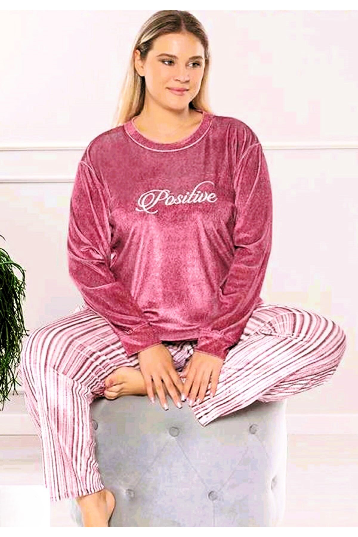 BÜYÜK BEDEN KADIN UZUN KOL KADİFE ŞIK PİJAMA TAKIMI