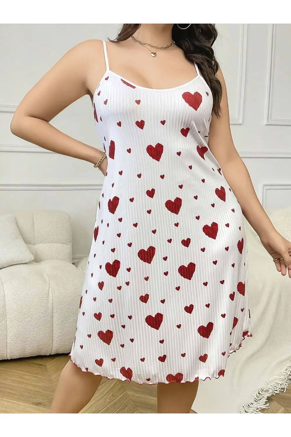 Pilelistore Büyük Beden Kalp Desen Pamuklu İnce Askılı Uzun Gecelik